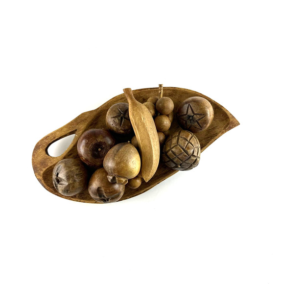 Vtg MCM Wooden Bowl With Fruit 9 Pieces Of Hand Carved Fruit & Wooden Leaf Bowl - Picture 8 of 13
